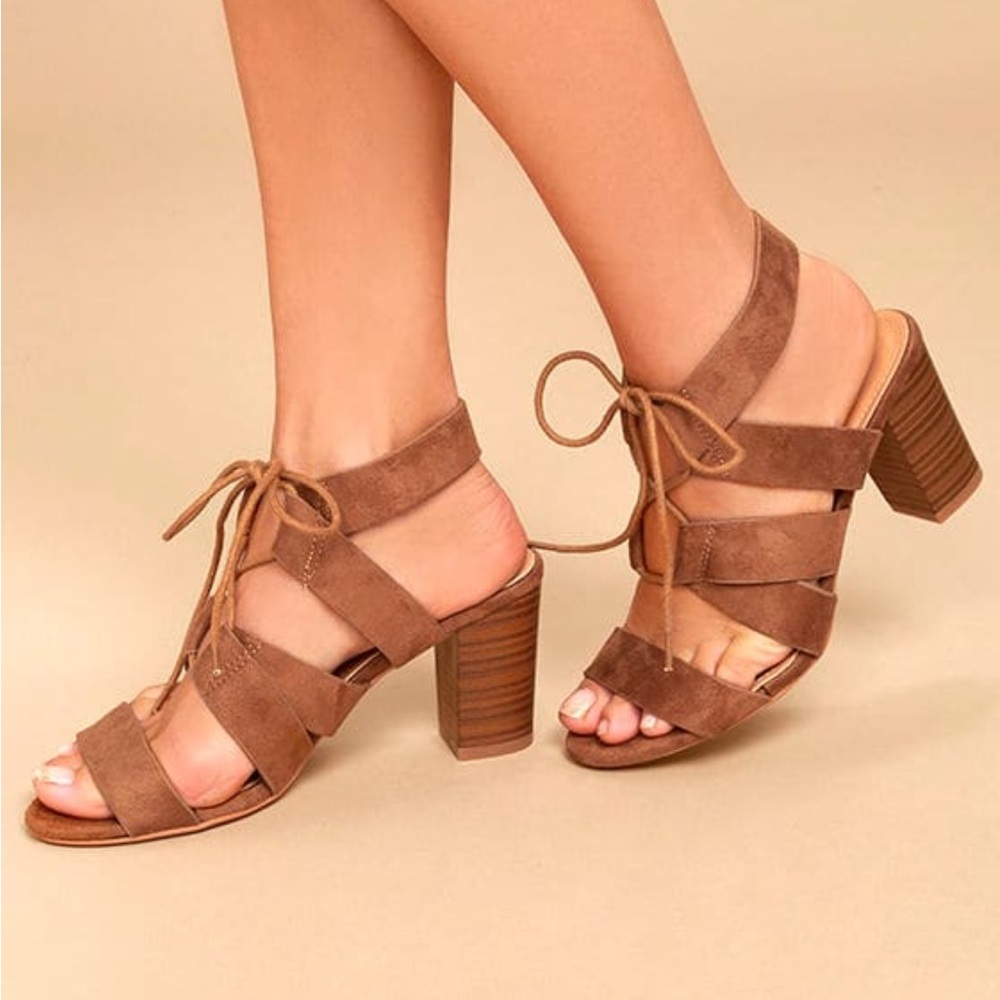 Lulu’s Jelena Camel Suede Lace-Up Heels